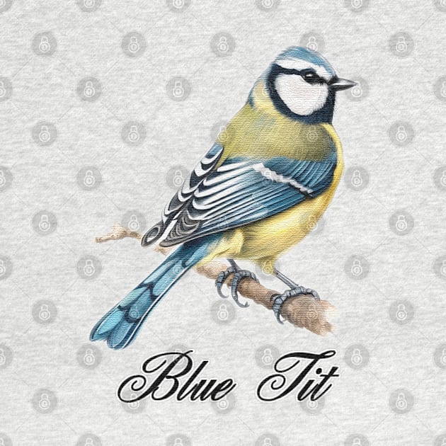 a blue tit is sitting on a branch by JnS Merch Store